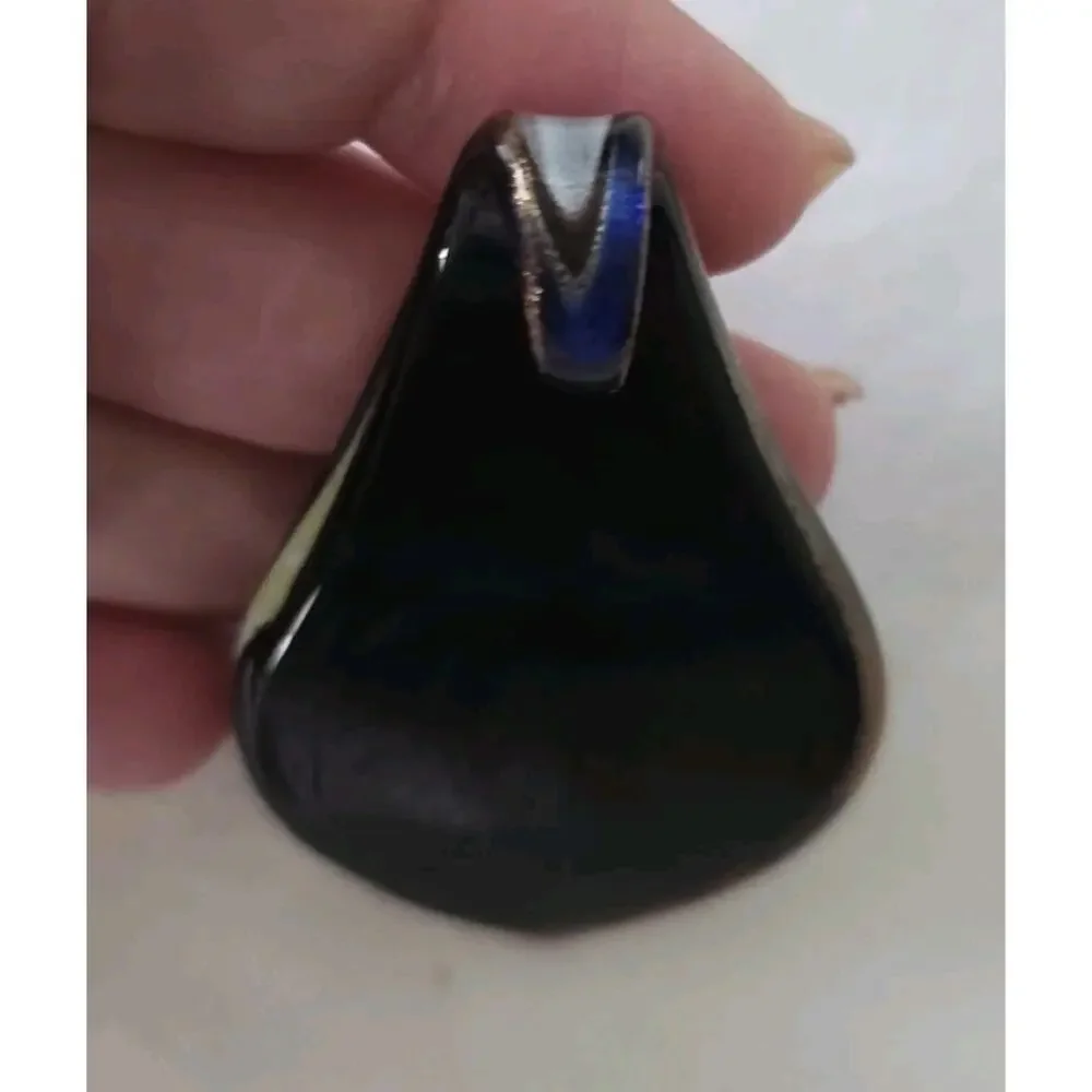 Teardrop Shape Large Murano Style Art Glass Pendant Black Blue Copper Gold Tones